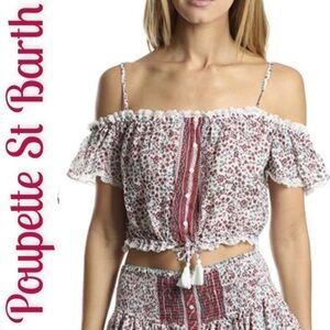 NWT POUPETTE ST BARTH Honey Sheer Cropped Tropical Cotton Mini Top, Size Medium